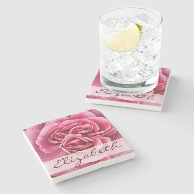 Pink Rose Personalized Stone Coaster (Side)