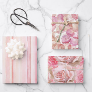 Pink Rose Petals Floral Stripes Birthday Wrapping Paper Sheet