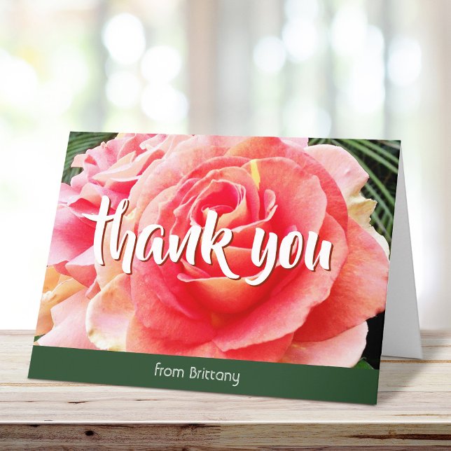 Pink rose photo bold stylish custom name script thank you card (Creator Uploaded)