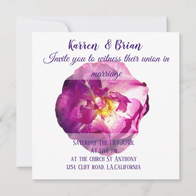 Pink Rose Photo, Elegant Wedding Invitation (Front)