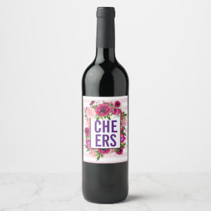 Pink Rose & Poppy Floral Bouquet Cheers Wine Label