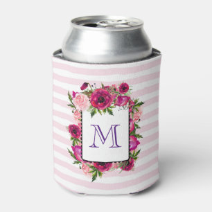 Pink Rose & Poppy Floral Bouquet Monogram Can Cooler