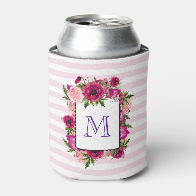Pink Rose & Poppy Floral Bouquet Monogram Can Cooler (Can Front)