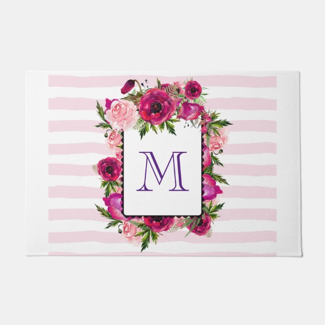 Pink Rose & Poppy Floral Bouquet Monogram Doormat (Front)