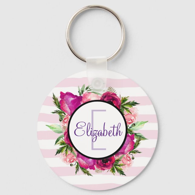 Pink Rose & Poppy Floral Bouquet Monogram Keychain (Front)