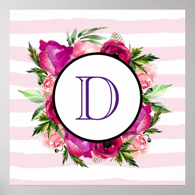 Pink Rose & Poppy Floral Bouquet Monogram Poster (Front)