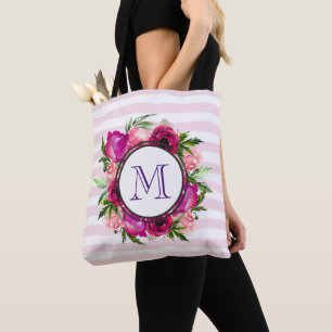 Pink Rose & Poppy Floral Bouquet Monogram Tote Bag