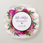 Pink Rose & Poppy Floral Bouquet Mr & Mrs Wedding Round Pillow<br><div class="desc">A round commemorative wedding pillow. Text says Mr & Mrs with your personalized family name and wedding date, with a little pink heart. The back has your family name's monogram letter. Designed with a floral bouquet composed of light pink roses and dark pink poppies with lots of lush green leaves....</div>