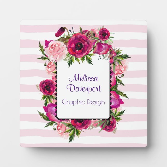 Pink Rose & Poppy Floral Bouquet on Pink Stripes Plaque (Front)