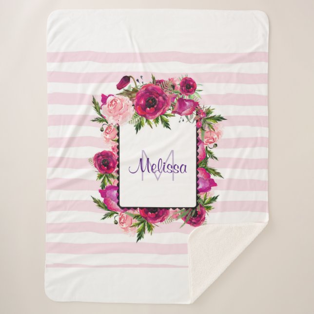 Pink Rose & Poppy Floral Bouquet on Pink Stripes Sherpa Blanket (Front)