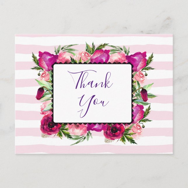 Pink Rose & Poppy Floral Bouquet Party Thanks Postcard (Front)