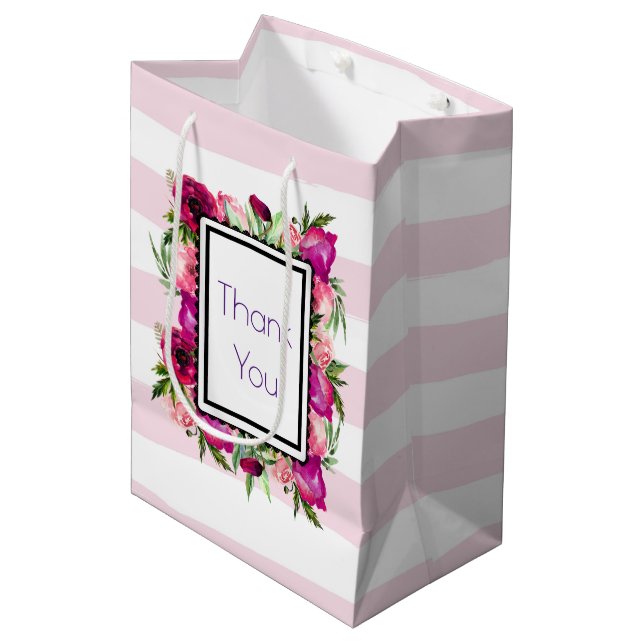 Pink Rose & Poppy Floral Bouquet Thank You Medium Gift Bag (Front Angled)