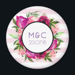 Pink Rose & Poppy Floral Bouquet Wedding Date Magnet<br><div class="desc">A wedding date magnet personalized with the couple's initials. Designed with a floral bouquet composed of light pink roses and dark pink poppies with lots of lush green leaves. A frame layered over top to put your custom text inside. The background is a soft pastel pink striped pattern.</div>
