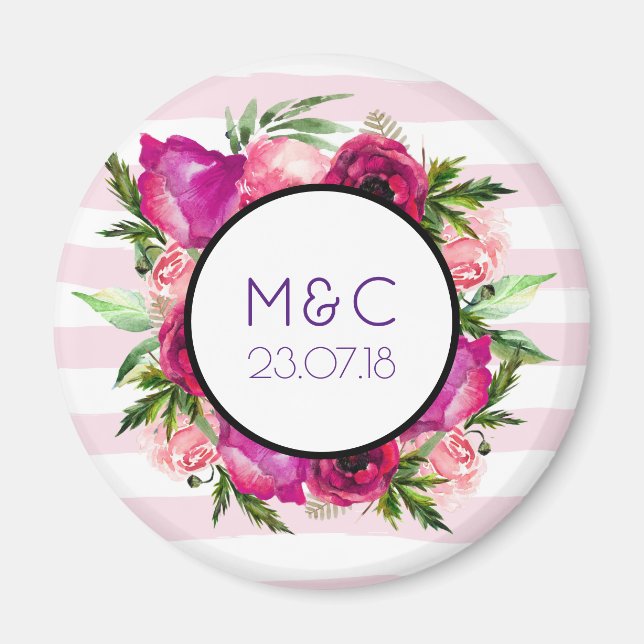 Pink Rose & Poppy Floral Bouquet Wedding Date Magnet