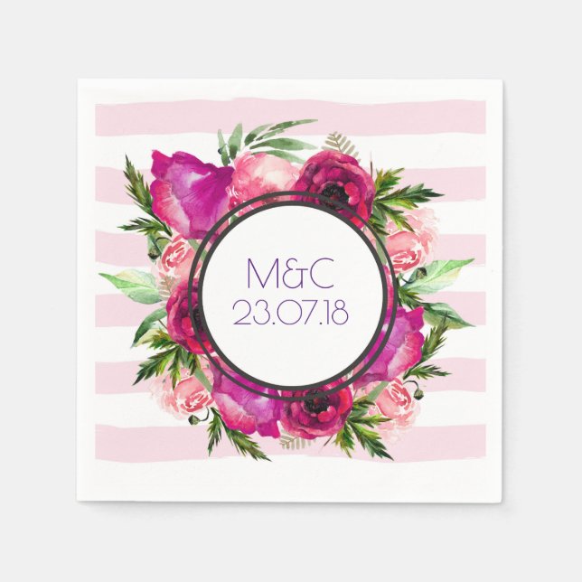 Pink Rose & Poppy Floral Bouquet Wedding Napkin (Front)