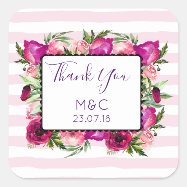 Pink Rose & Poppy Floral Bouquet Wedding Thanks Square Sticker (Front)