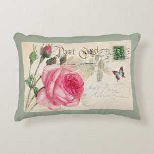 Pink Rose Postacard Decorative Accent Pillow