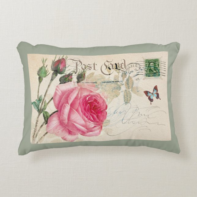 Pink Rose Postacard Decorative Accent Pillow (Front)