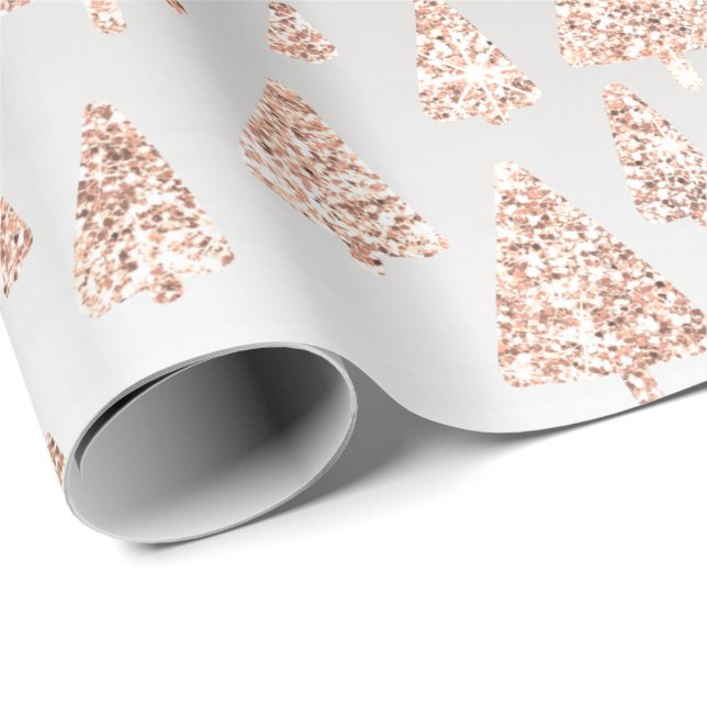 Pink Rose Powder Gold Glitter Christmas Tree Grey Wrapping Paper (Roll Corner)