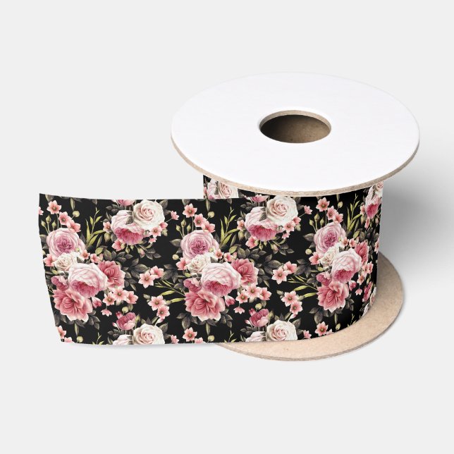 Pink Rose Profusion - Black Background Satin Ribbon (Spool)