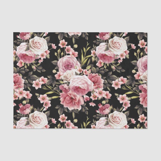 Pink Rose Profusion - Black Background Tissue Paper (Front)