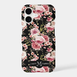 Pink Rose Profusion Monogram - Black Background