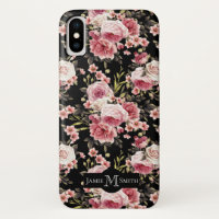 Pink Rose Profusion Monogram - Black Background