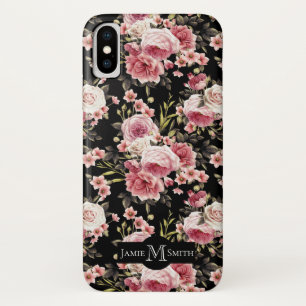Pink Rose Profusion Monogram - Black Background Case-Mate iPhone Case