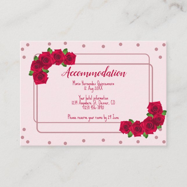 Pink Rose Quinceañera Accommodation Enclosure Card (Front)