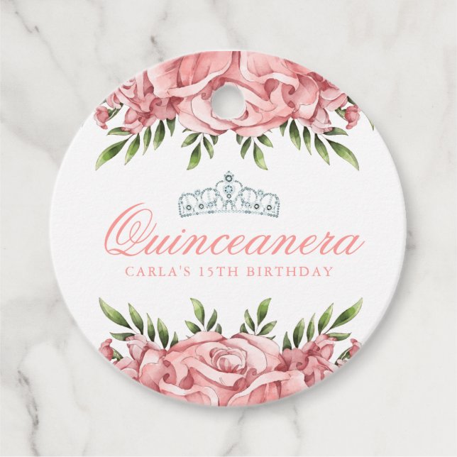 Pink Rose Quinceanera Favour Tags (Front)