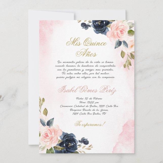 Pink Rose Quinceanera invitation in Spanish (Front)