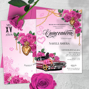 Pink Rose Quinceanera Pink Lowrider Chola Chicana  Invitation