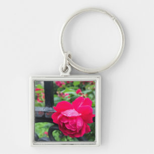 Pink Rose Raindrops Dew Garden Gate Photo Keychain