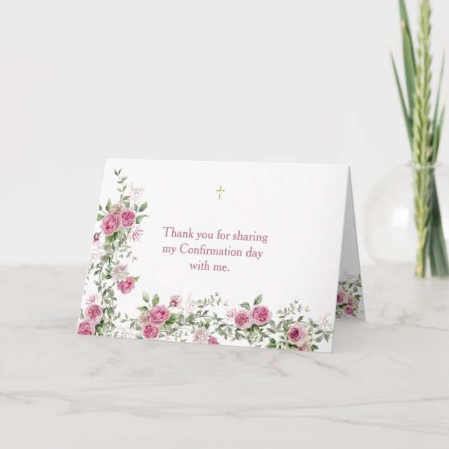 Pink Rose Religious Confirmation Thank You Card (Front)
