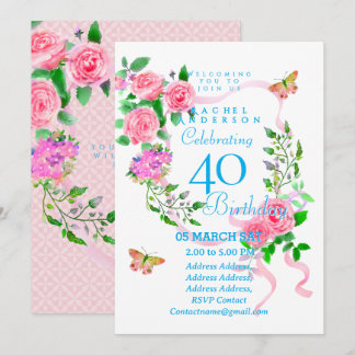 Pink Rose Ribbon 40th Birthday Invitation