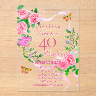 Pink Rose Ribbon 40th Birthday Invitation