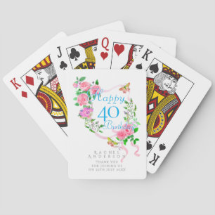 Pink Rose Ribbon 40th Birthday Playing Cards