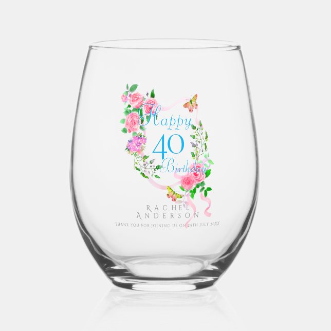 Pink Rose Ribbon 40th Birthday Stemless Wine Glass (Front)
