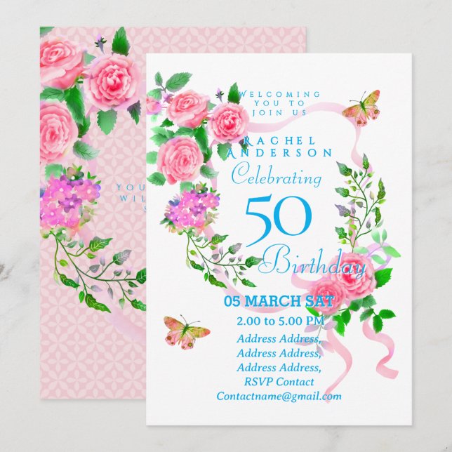 Pink Rose Ribbon 50th  Birthday Invitation (Front/Back)