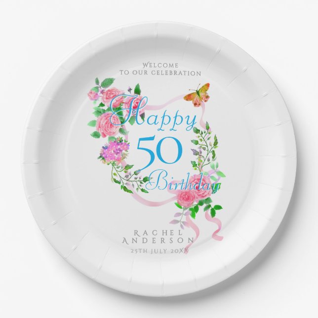 Pink Rose Ribbon 50th Birthday Paper Plate (Front)