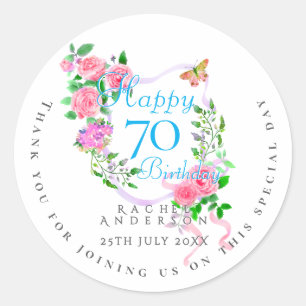 Pink Rose Ribbon 70th Birthday Classic Round Sticker