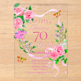 Pink Rose Ribbon 70th Birthday Invitation
