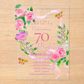 Pink Rose Ribbon 70th Birthday Invitation