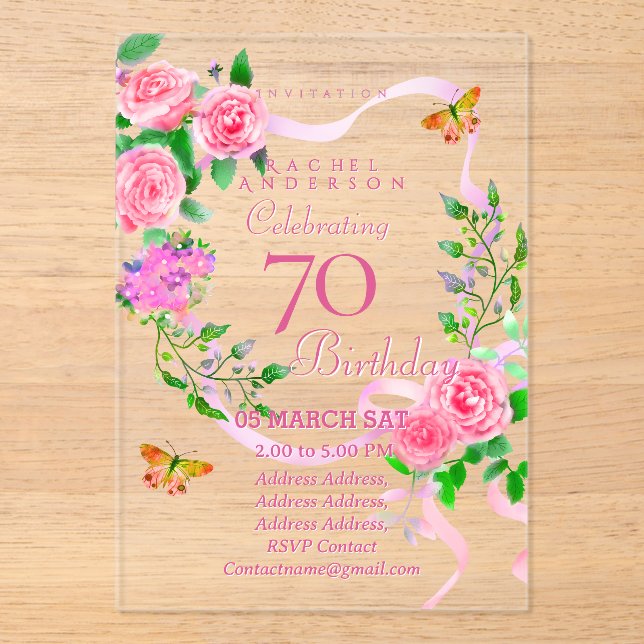 Pink Rose Ribbon 70th Birthday Invitation (Recto)
