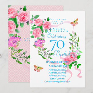 Pink Rose Ribbon 70th Birthday Invitation