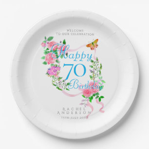 Pink Rose Ribbon 70th Birthday Paper Plate