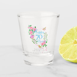 Pink Rose Ribbon 70th Birthday Shot Glass