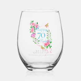 Pink Rose Ribbon 70th Birthday Stemless Wine Glass