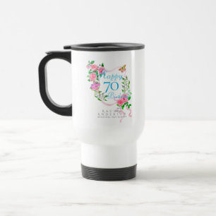 Pink Rose Ribbon 70th Birthday Travel Mug