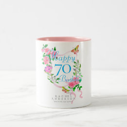 Pink Rose Ribbon 70th Birthday Two-Tone Coffee Mug